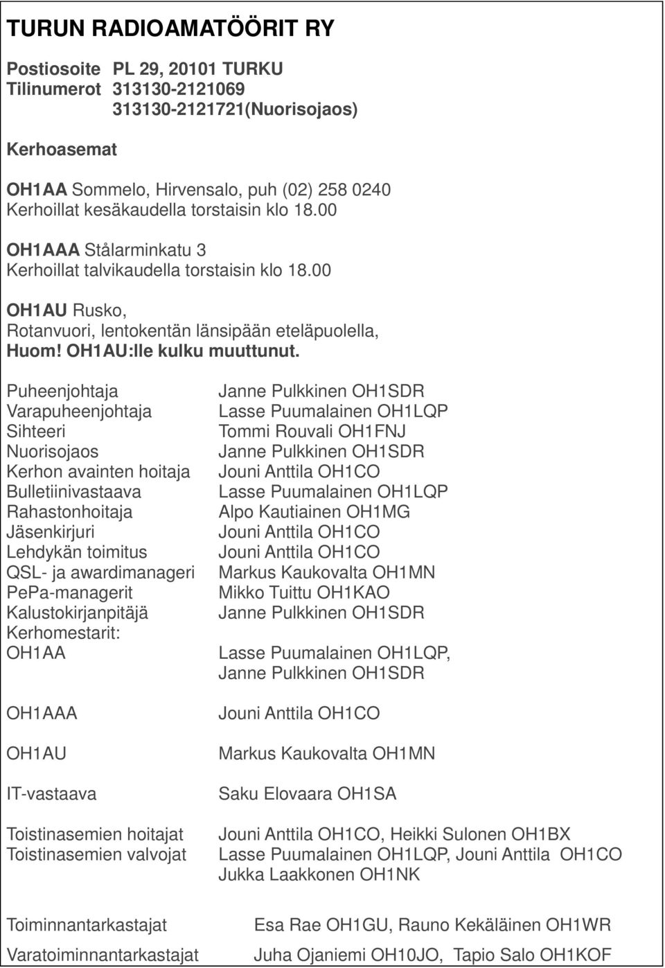 Puheenjohtaja Varapuheenjohtaja Sihteeri Nuorisojaos Kerhon avainten hoitaja Bulletiinivastaava Rahastonhoitaja Jäsenkirjuri Lehdykän toimitus QSL- ja awardimanageri PePa-managerit