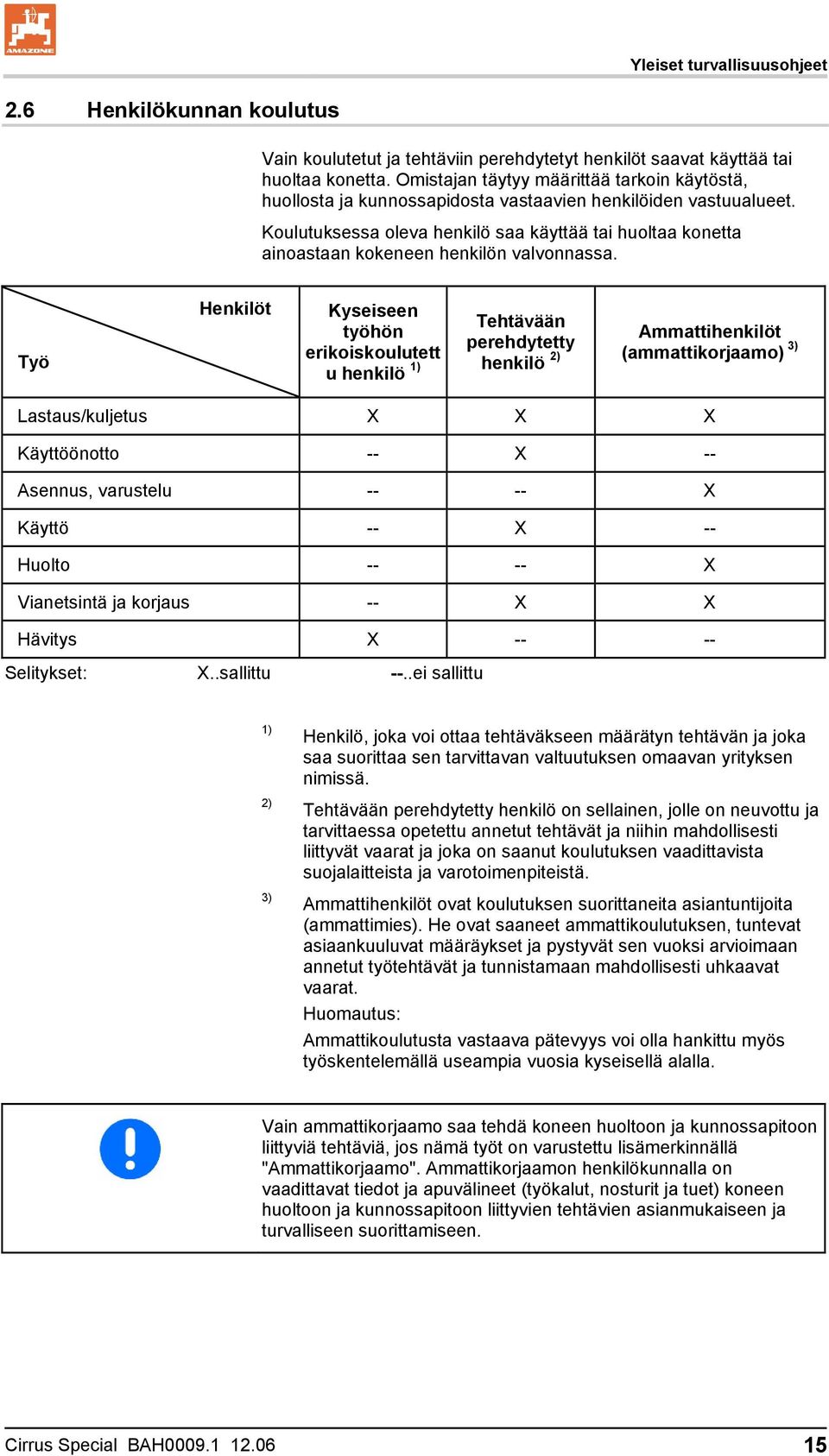 Koulutuksessa oleva henkilö saa käyttää tai huoltaa konetta ainoastaan kokeneen henkilön valvonnassa.