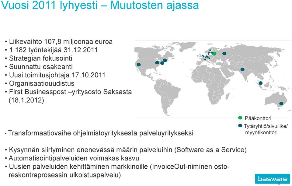 (18.1.2012) Transformaatiovaihe ohjelmistoyrityksestä palveluyritykseksi Pääkonttori Tytäryhtiö/sivuliike/ myyntikonttori Kysynnän siirtyminen