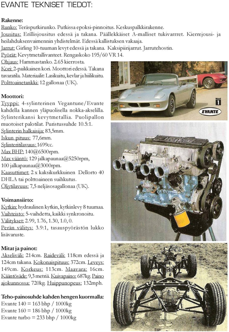 Rengaskoko 195/60 VR 14. Ohjaus: Hammastanko. 2.65 kierrosta. Kori: 2-paikkainen kori. Moottori edessä. Takana tavaratila. Materiaalit: Lasikuitu, kevlar ja hiilikuitu.