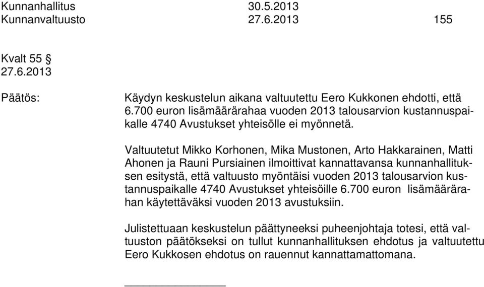 Valtuutetut Mikko Korhonen, Mika Mustonen, Arto Hakkarainen, Matti Ahonen ja Rauni Pursiainen ilmoittivat kannattavansa kunnanhallituksen esitystä, että valtuusto myöntäisi vuoden 2013