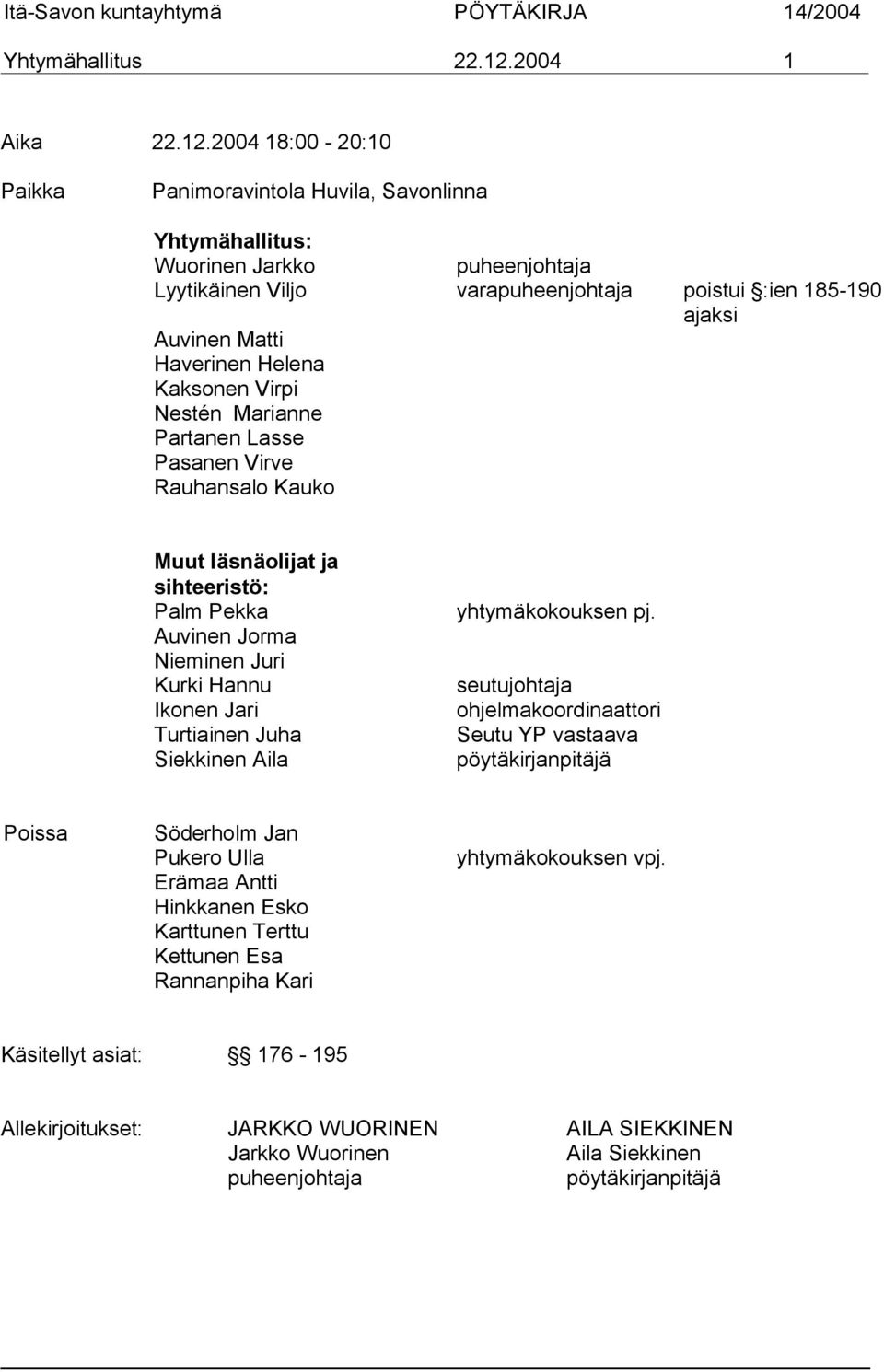 2004 18:00-20:10 Paikka Panimoravintola Huvila, Savonlinna Yhtymähallitus: Wuorinen Jarkko puheenjohtaja Lyytikäinen Viljo varapuheenjohtaja poistui :ien 185-190 ajaksi Auvinen Matti Haverinen Helena