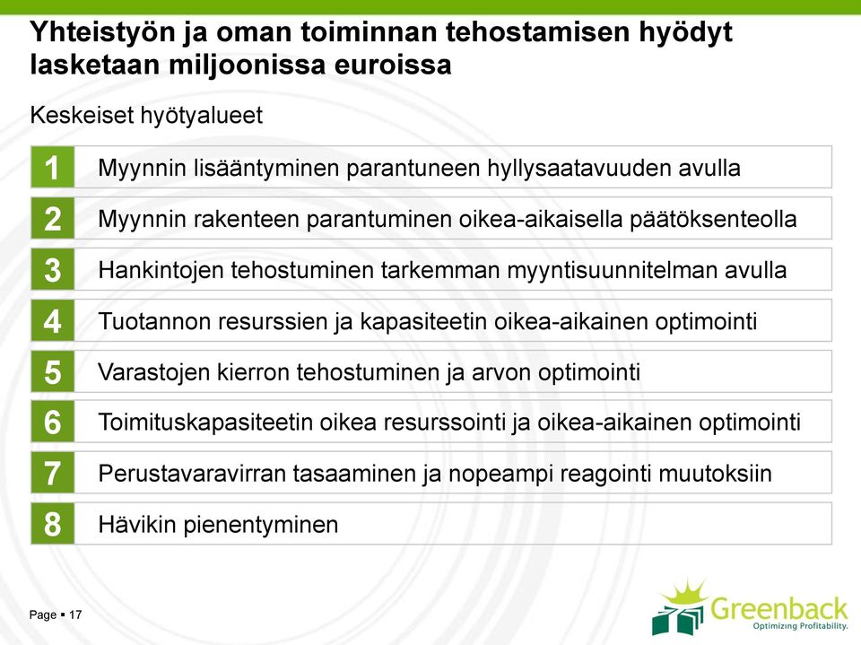 myyntisuunnitelman avulla Tuotannon resurssien ja kapasiteetin oikea-aikainen optimointi Varastojen kierron tehostuminen ja arvon optimointi