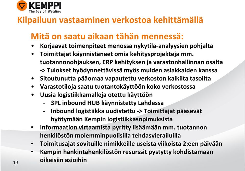 saatu tuotantokäyttöön koko verkostossa Uusia logistiikkamalleja otettu käyttöön - 3PL inbound HUB käynnistetty Lahdessa - Inboundlogistiikka uudistettu -> Toimittajat pääsevät hyötymään Kempin