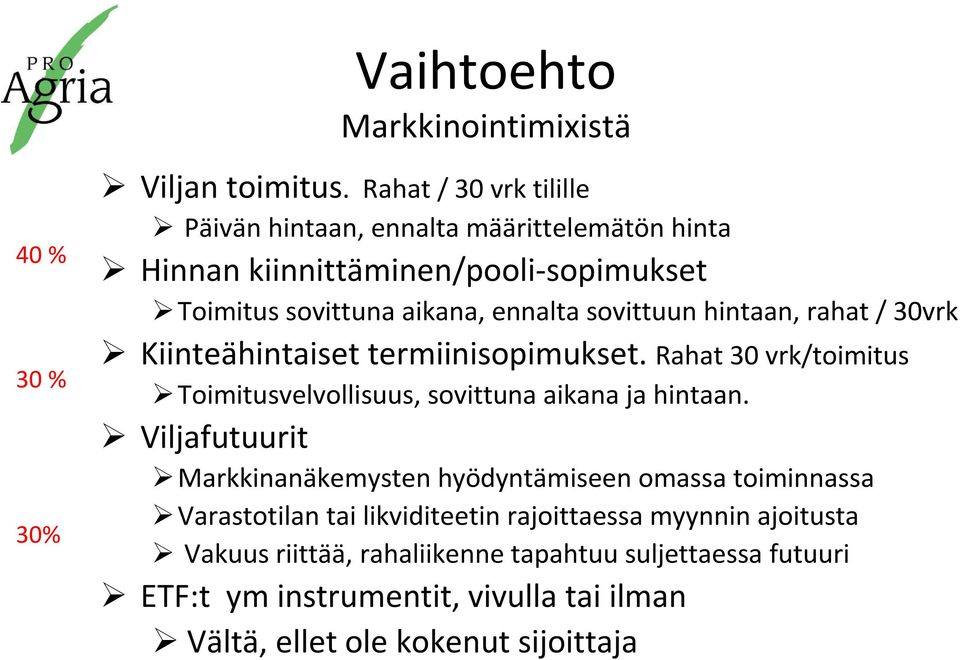 hintaan, rahat / 30vrk Kiinteähintaiset termiinisopimukset. Rahat 30 vrk/toimitus Toimitusvelvollisuus, sovittuna aikana ja hintaan.