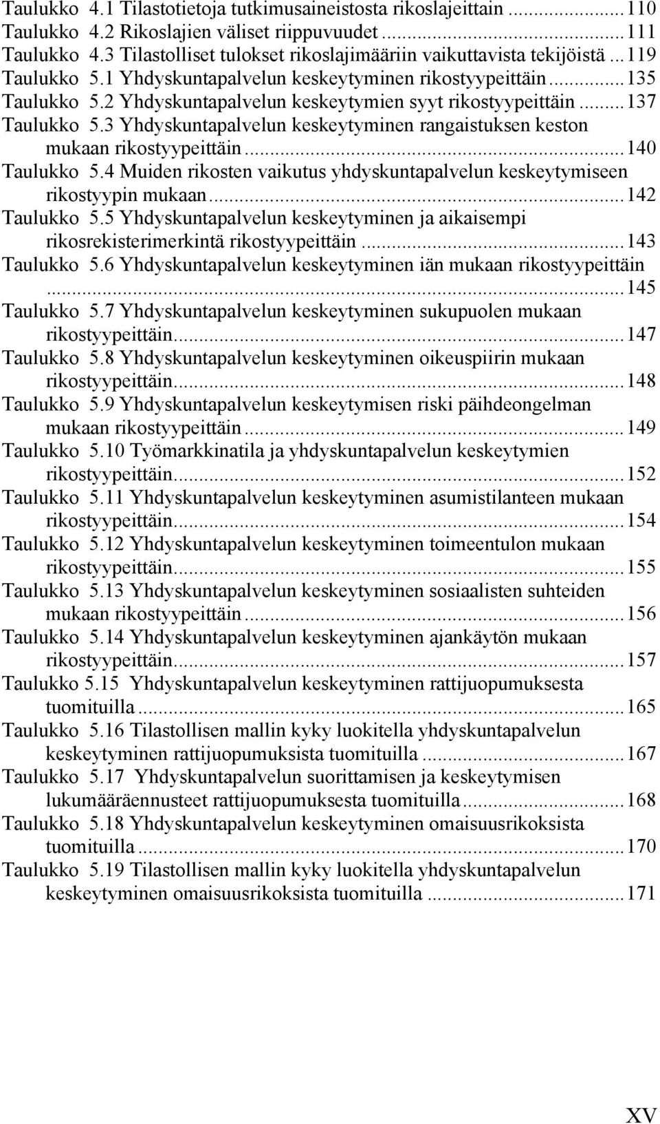 3 Yhdyskuntapalvelun keskeytyminen rangaistuksen keston mukaan rikostyypeittäin...140 Taulukko 5.4 Muiden rikosten vaikutus yhdyskuntapalvelun keskeytymiseen rikostyypin mukaan...142 Taulukko 5.