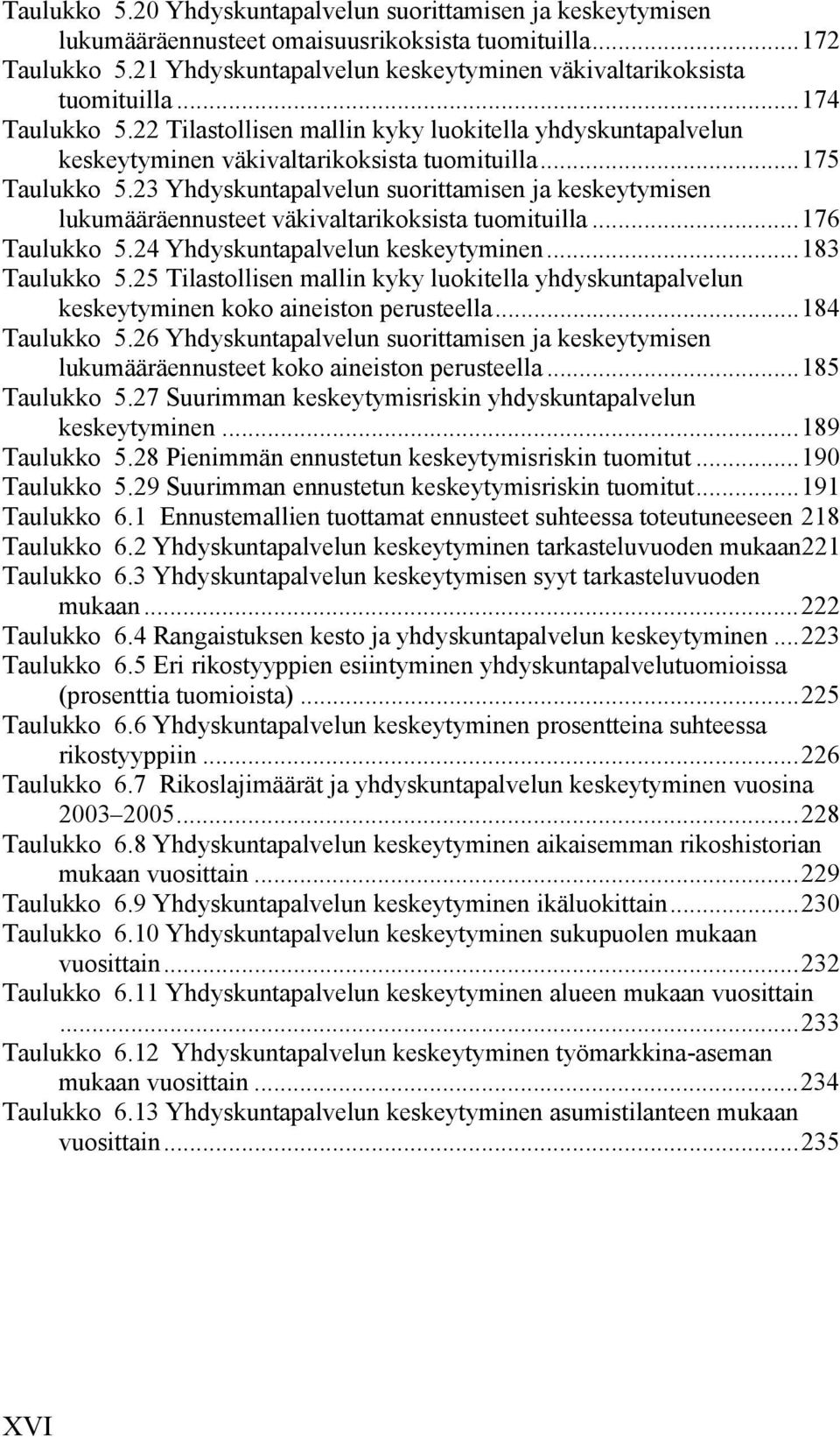 23 Yhdyskuntapalvelun suorittamisen ja keskeytymisen lukumääräennusteet väkivaltarikoksista tuomituilla...176 Taulukko 5.24 Yhdyskuntapalvelun keskeytyminen...183 Taulukko 5.