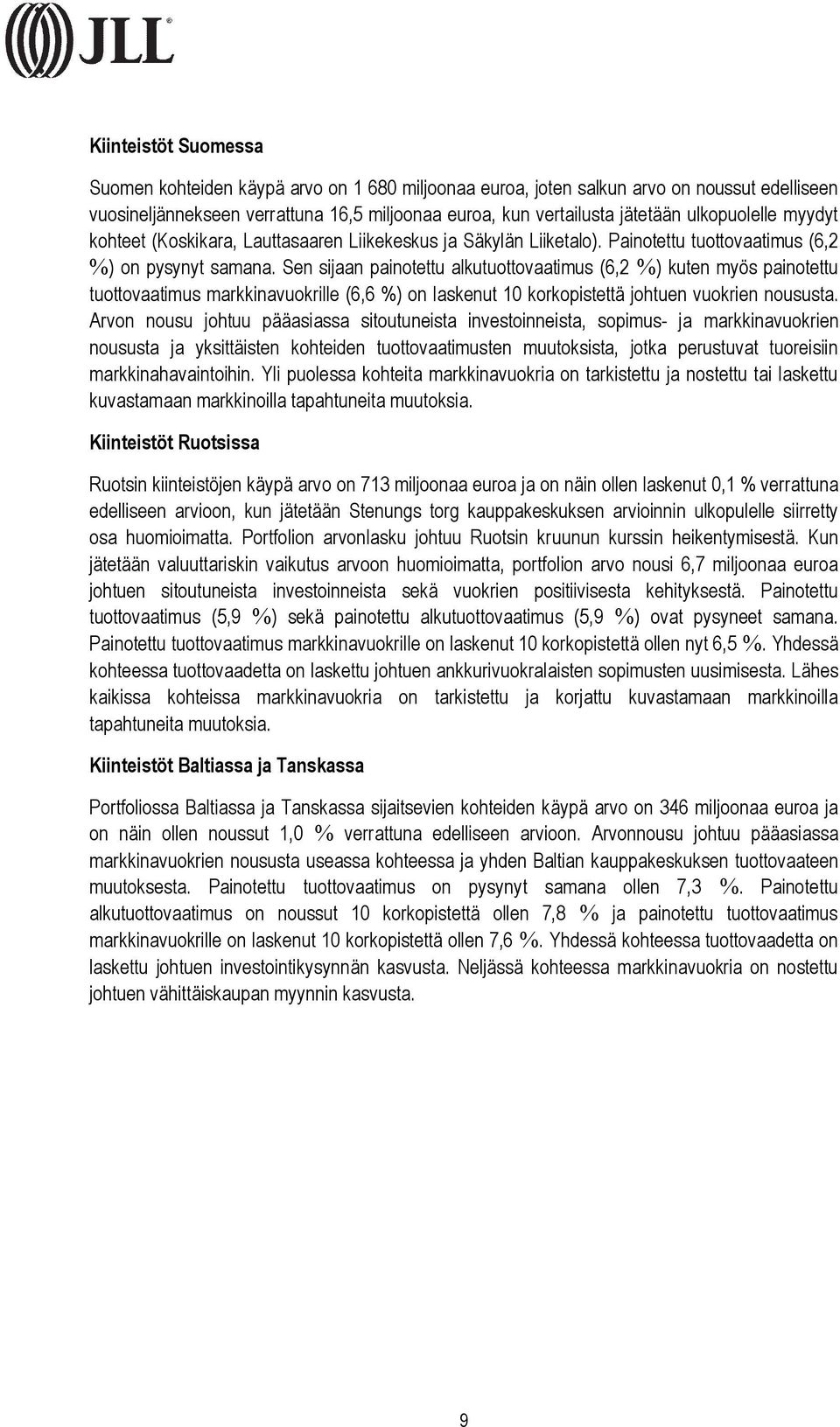 Sen sijaan alkutuottovaatimus (6,2 %) kuten myös tuottovaatimus markkinavuokrille (6,6 %) on laskenut 10 korkopistettä johtuen vuokrien noususta.