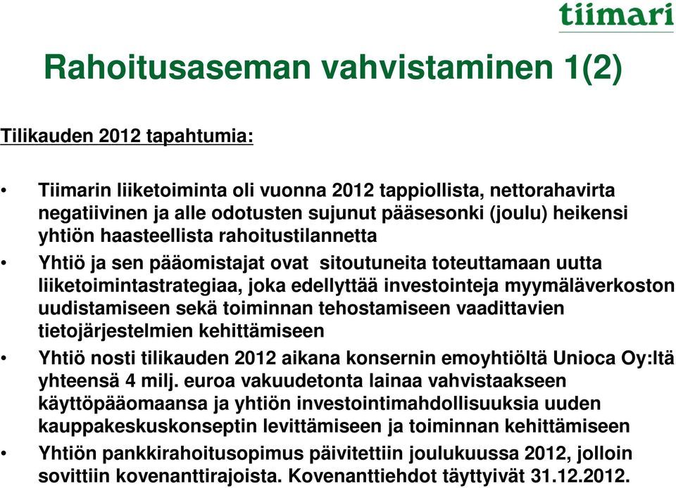 toiminnan tehostamiseen vaadittavien tietojärjestelmien kehittämiseen Yhtiö nosti tilikauden 2012 aikana konsernin emoyhtiöltä Unioca Oy:ltä yhteensä 4 milj.