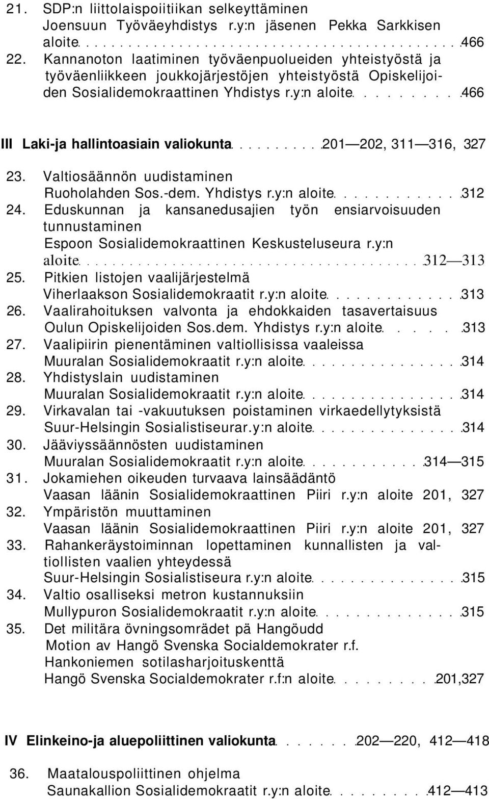 y:n aloite 466 III Laki-ja hallintoasiain valiokunta 201 202, 311 316, 327 23. Valtiosäännön uudistaminen Ruoholahden Sos.-dem. Yhdistys r.y:n aloite 312 24.