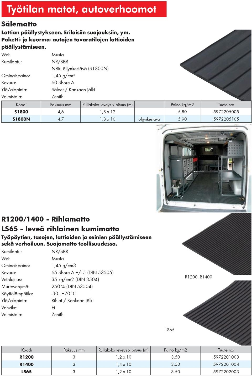 kg/m2 Tuote n:o S1800 4,6 1,8 x 12 5,80 5972205005 S1800N 4,7 1,8 x 10 öljynkestävä 5,90 5972205105 R1200/1400 - Rihlamatto LS65 - leveä rihlainen kumimatto Työpöytien, tasojen, lattioiden ja seinien