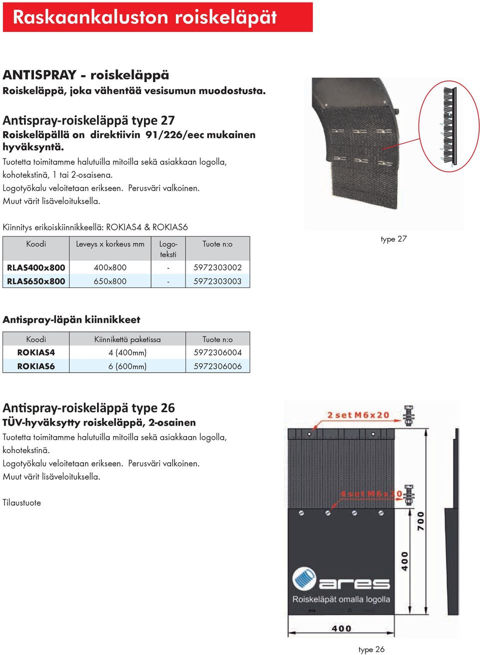 Kiinnitys erikoiskiinnikkeellä: ROKIAS4 & ROKIAS6 Koodi Leveys x korkeus mm Logoteksti Tuote n:o RLAS400x800 400x800-5972303002 RLAS650x800 650x800-5972303003 type 27 Antispray-läpän kiinnikkeet