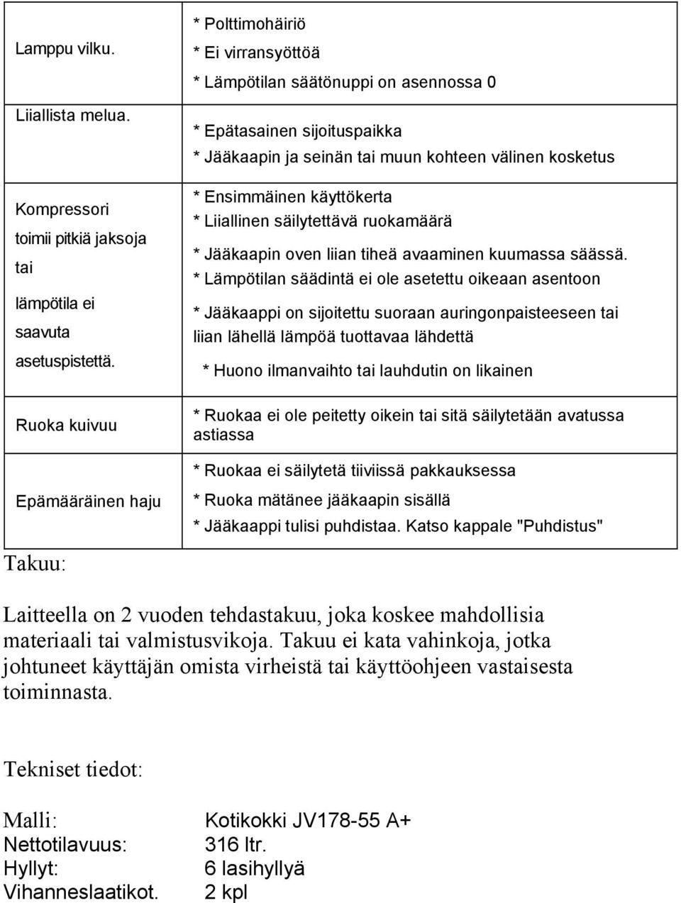 Ensimmäinen käyttökerta * Liiallinen säilytettävä ruokamäärä * Jääkaapin oven liian tiheä avaaminen kuumassa säässä.