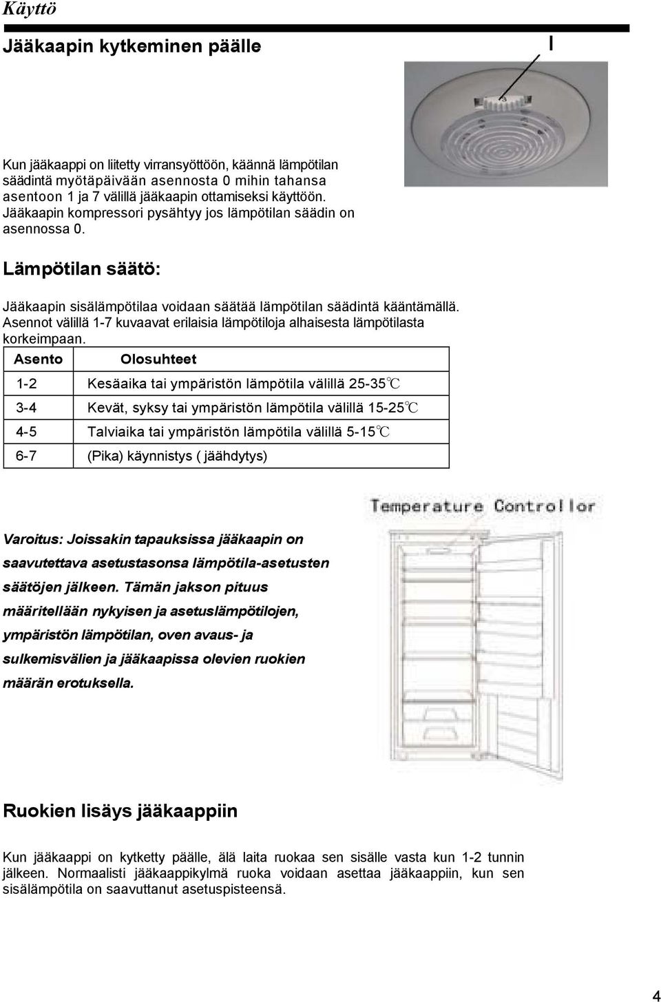 Asennot välillä 1-7 kuvaavat erilaisia lämpötiloja alhaisesta lämpötilasta korkeimpaan.