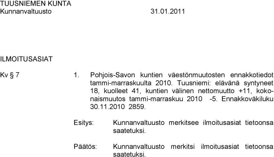 Tuusniemi: elävänä syntyneet 18, kuolleet 41, kuntien välinen nettomuutto +11, kokonaismuutos