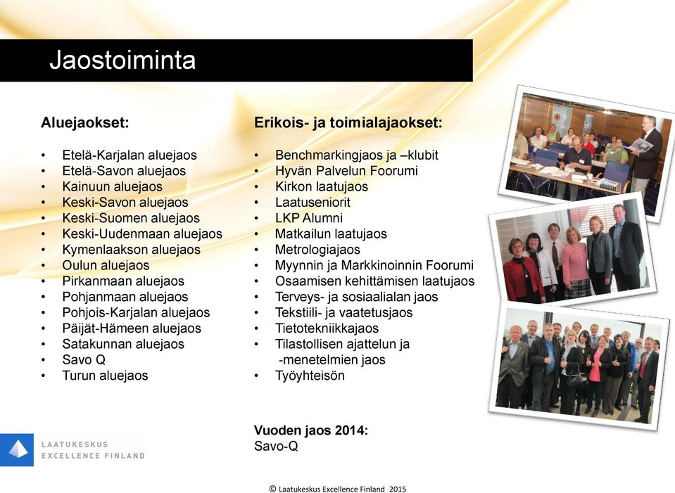 toimialajaokset: Benchmarkingjaos ja klubit Hyvän Palvelun Foorumi Kirkon laatujaos Laatuseniorit LKP Alumni Matkailun laatujaos Metrologiajaos Myynnin ja Markkinoinnin