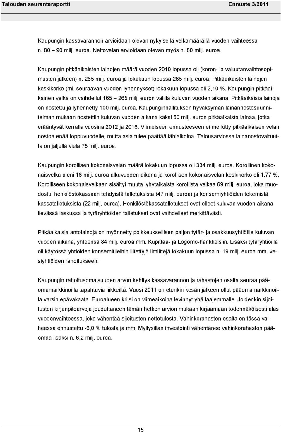 euroa ja lokakuun lopussa 265 milj. euroa. Pitkäaikaisten lainojen keskikorko (ml. seuraavan vuoden lyhennykset) lokakuun lopussa oli 2,10 %. Kaupungin pitkäaikainen velka on vaihdellut 165 265 milj.