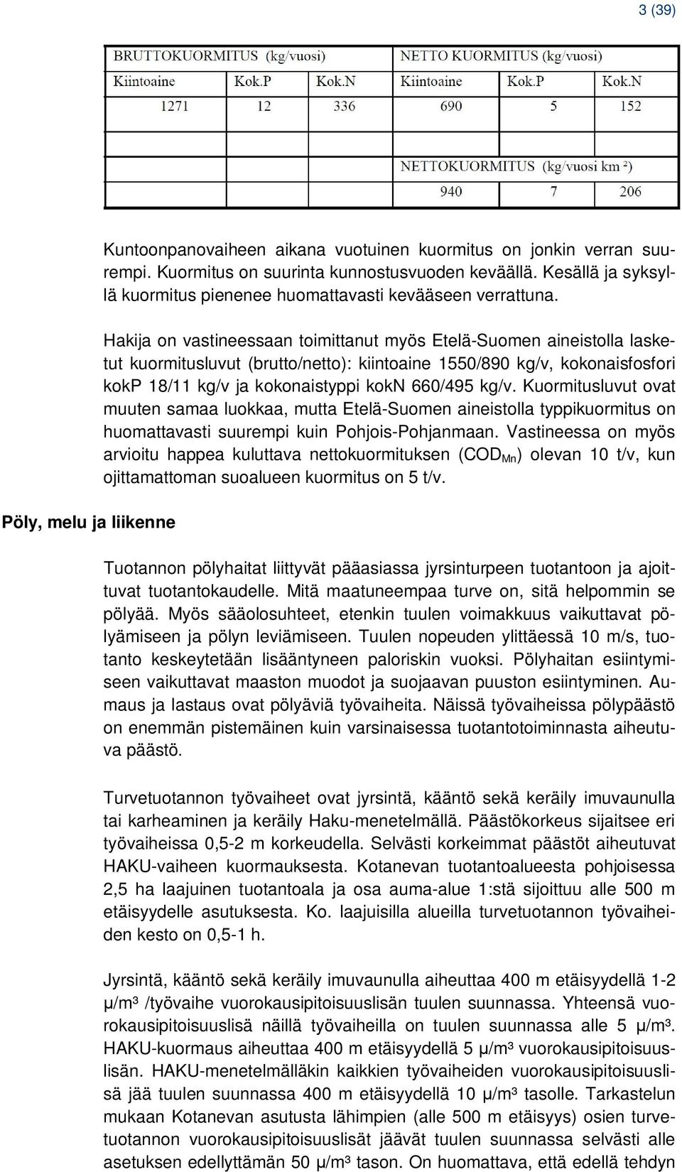Hakija on vastineessaan toimittanut myös Etelä-Suomen aineistolla lasketut kuormitusluvut (brutto/netto): kiintoaine 1550/890 kg/v, kokonaisfosfori kokp 18/11 kg/v ja kokonaistyppi kokn 660/495 kg/v.