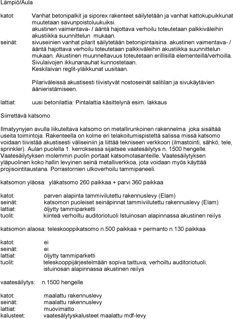 akustinen vaimentava- / ääntä hajottava verhoilu toteutetaan palkkiväleihin akustiikka suunnittelun mukaan. Akustinen muunneltavuus toteutetaan erillisillä elementeillä/verhoilla.