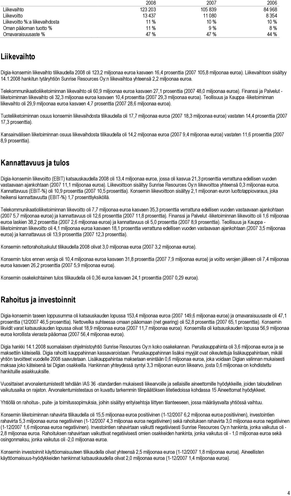 Telekommunikaatioliiketoiminnan liikevaihto oli 60,9 miljoonaa euroa kasvaen 27,1 prosenttia (2007 48,0 miljoonaa euroa).