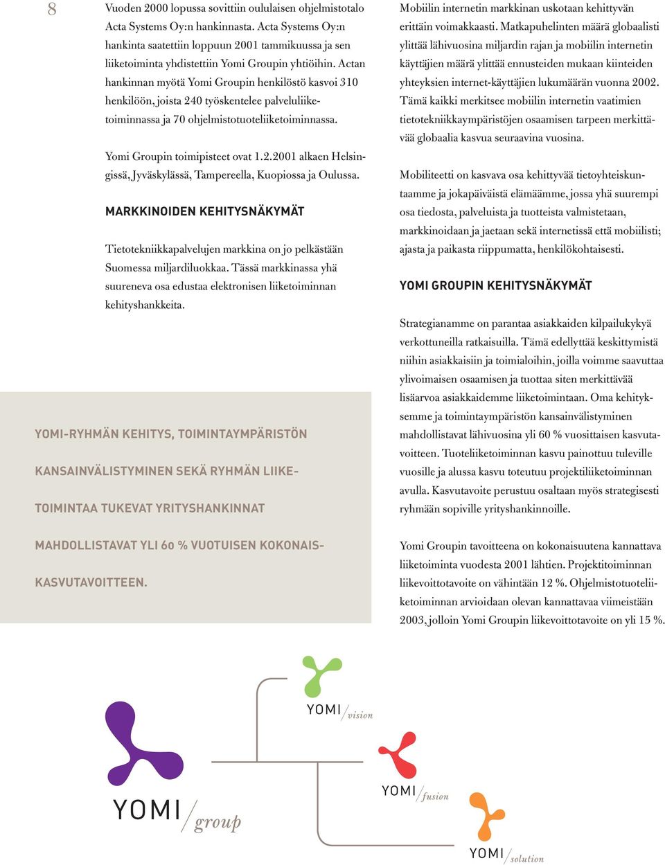Actan hankinnan myötä Yomi Groupin henkilöstö kasvoi 310 henkilöön, joista 240 työskentelee palveluliiketoiminnassa ja 70 ohjelmistotuoteliiketoiminnassa. Yomi Groupin toimipisteet ovat 1.2.2001 alkaen Helsingissä, Mobiilin internetin markkinan uskotaan kehittyvän erittäin voimakkaasti.