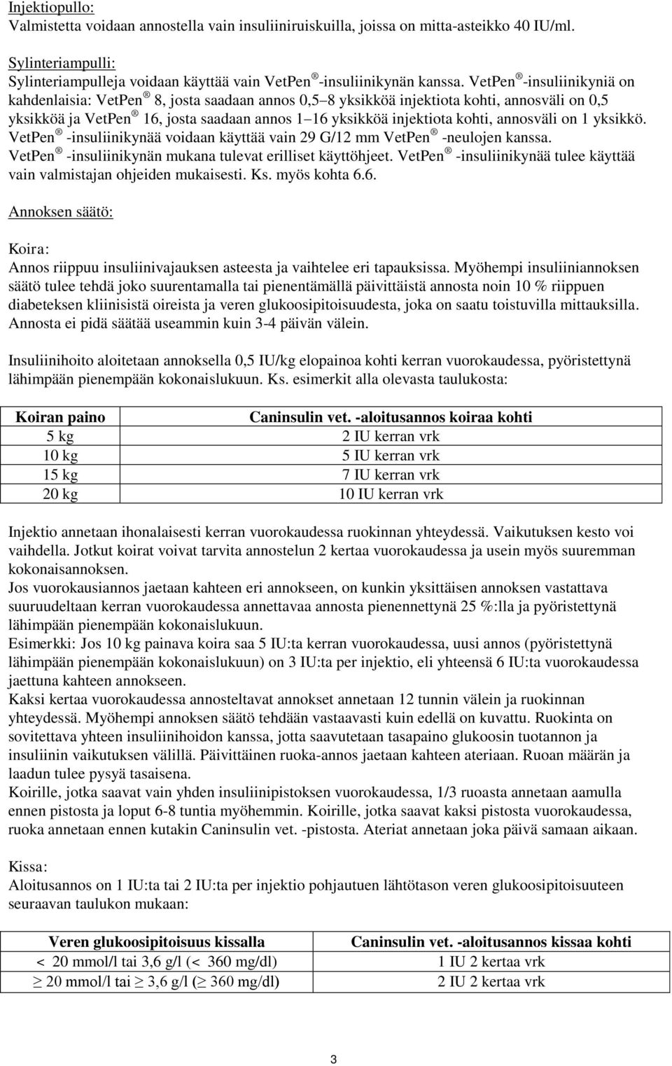 annosväli on 1 yksikkö. VetPen -insuliinikynää voidaan käyttää vain 29 G/12 mm VetPen -neulojen kanssa. VetPen -insuliinikynän mukana tulevat erilliset käyttöhjeet.