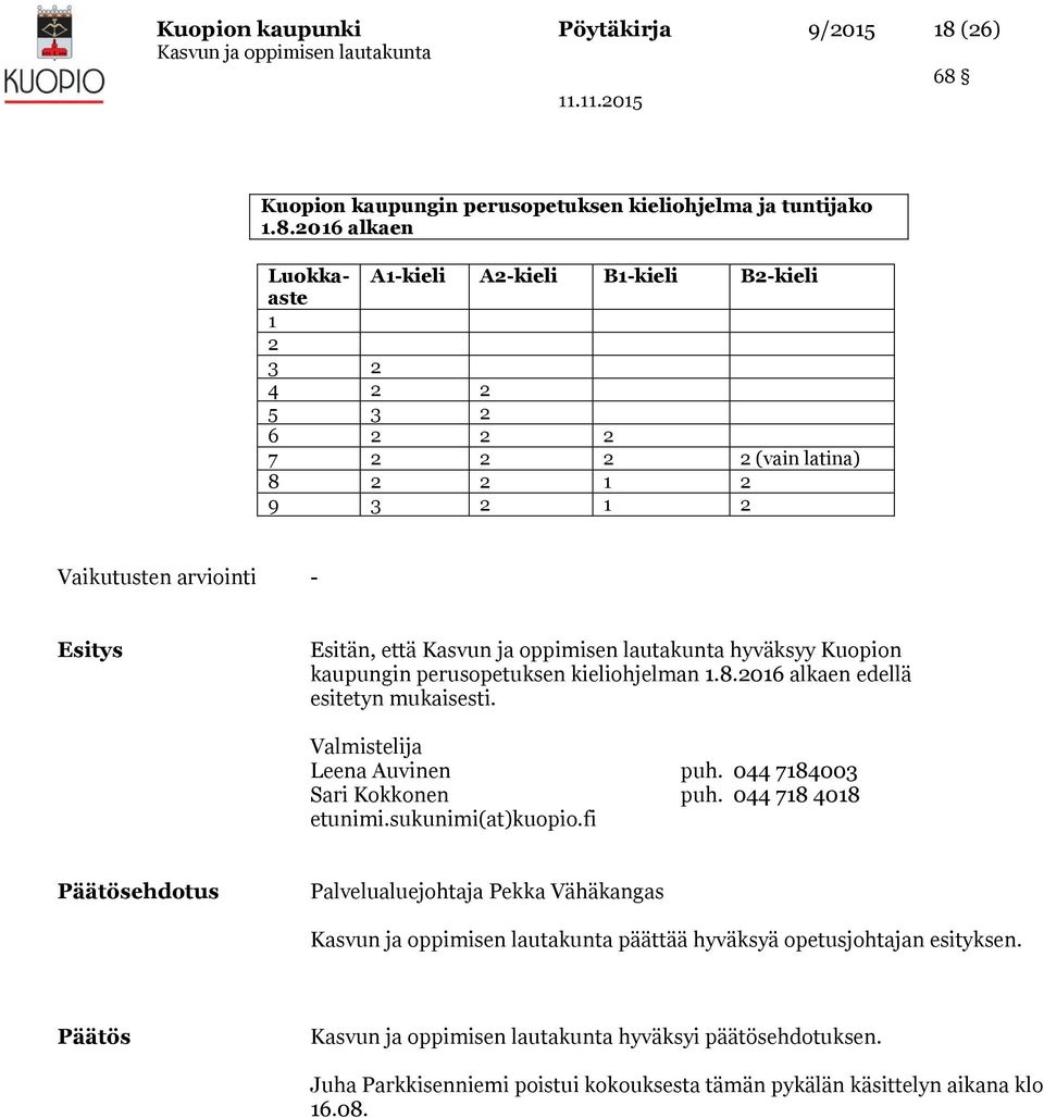 Kuopion kaupungin perusopetuksen kieliohjelma ja tuntijako 1.8.