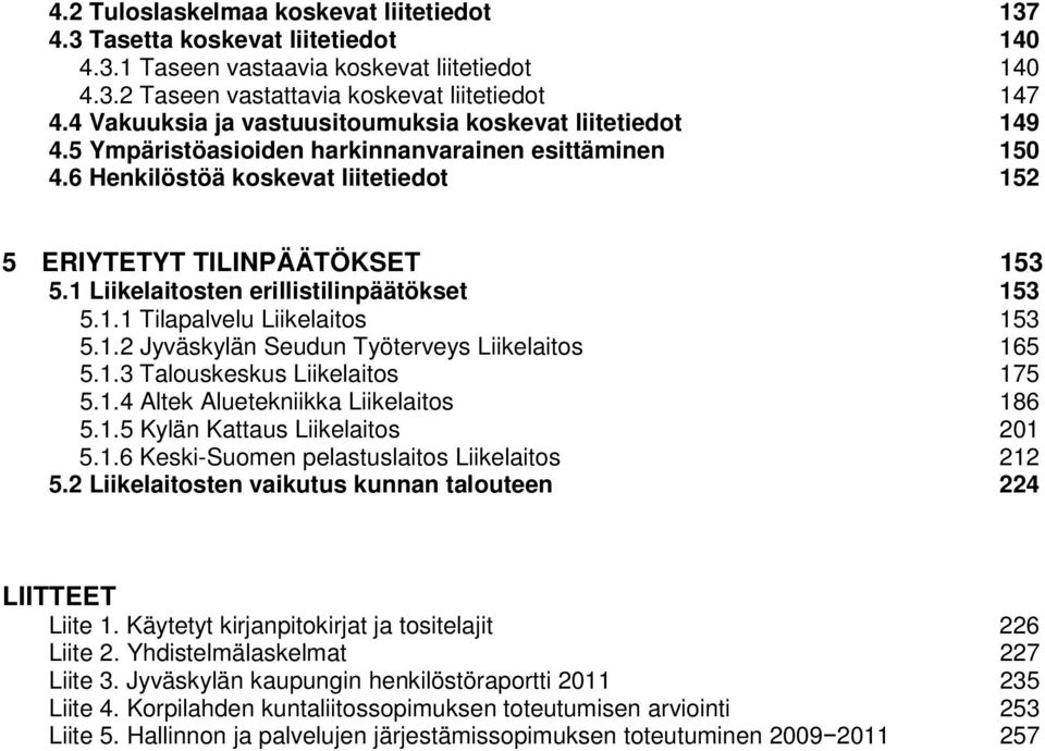 1 Liikelaitosten erillistilinpäätökset 153 5.1.1 Tilapalvelu Liikelaitos 153 5.1.2 Jyväskylän Seudun Työterveys Liikelaitos 165 5.1.3 Talouskeskus Liikelaitos 175 5.1.4 Altek Aluetekniikka Liikelaitos 186 5.