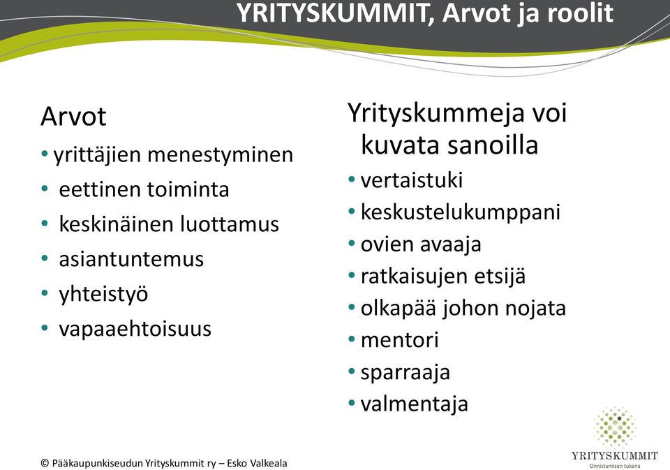 Yrityskummeja voi kuvata sanoilla vertaistuki keskustelukumppani ovien