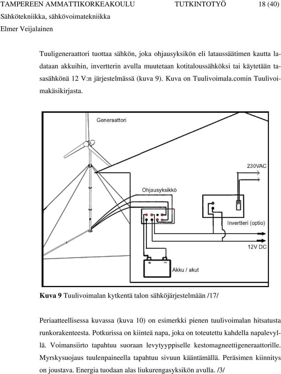 Kuva 9 Tuulivoimalan kytkentä talon sähköjärjestelmään /17/ Periaatteellisessa kuvassa (kuva 10) on esimerkki pienen tuulivoimalan hitsatusta runkorakenteesta.