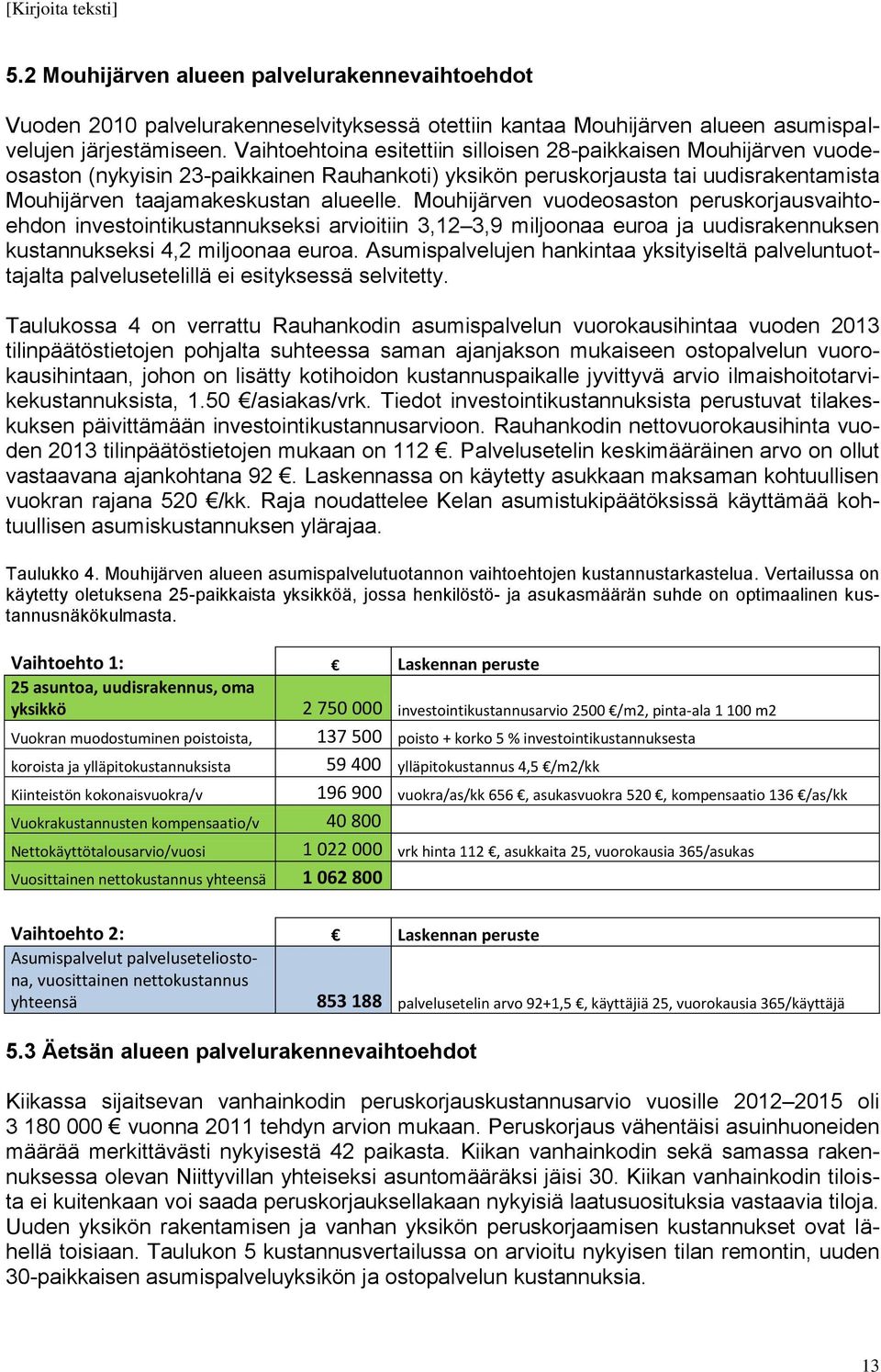 Mouhijärven vuodeosaston peruskorjausvaihtoehdon investointikustannukseksi arvioitiin 3,12 3,9 miljoonaa euroa ja uudisrakennuksen kustannukseksi 4,2 miljoonaa euroa.