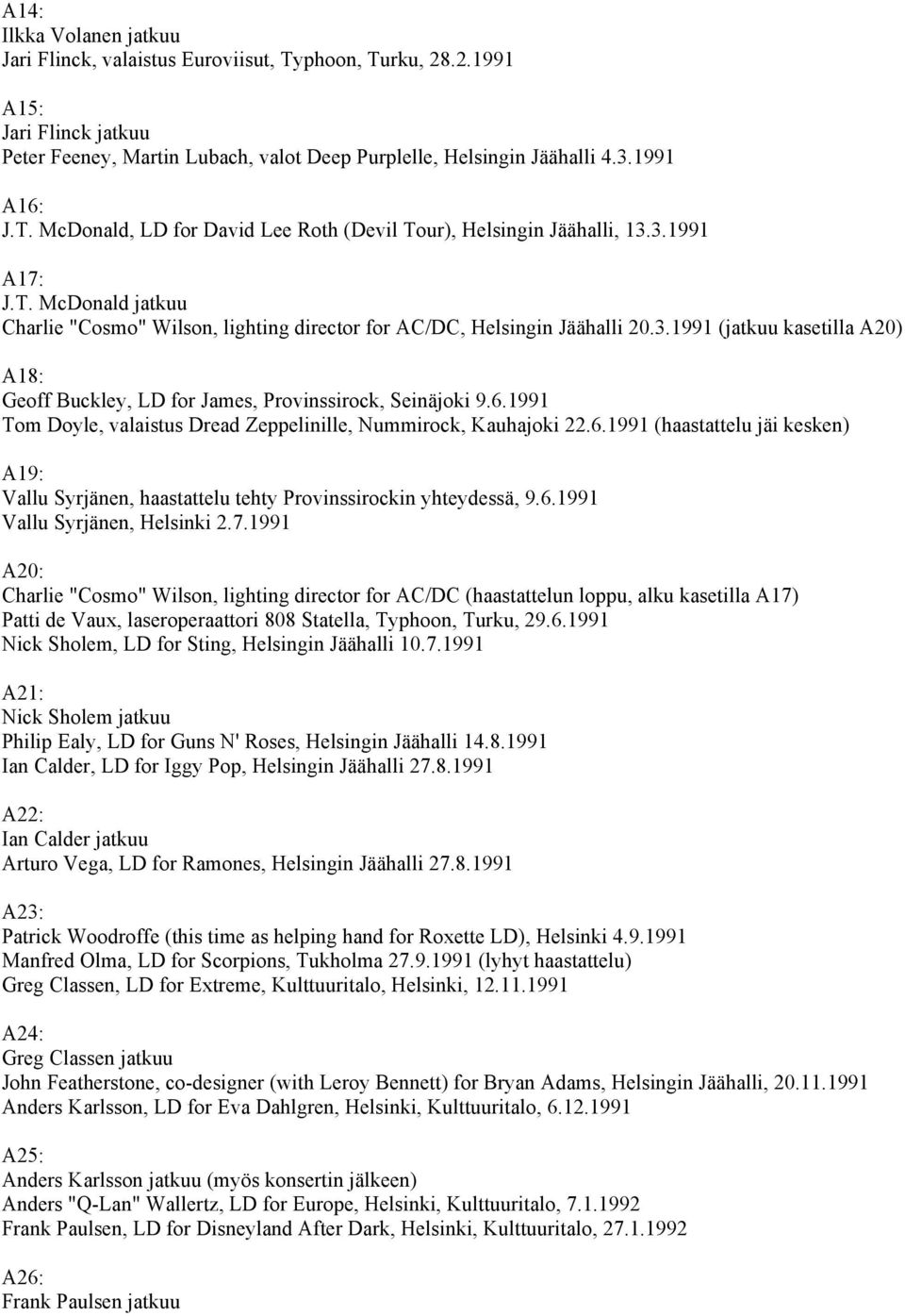 6.1991 Tom Doyle, valaistus Dread Zeppelinille, Nummirock, Kauhajoki 22.6.1991 (haastattelu jäi kesken) A19: Vallu Syrjänen, haastattelu tehty Provinssirockin yhteydessä, 9.6.1991 Vallu Syrjänen, Helsinki 2.