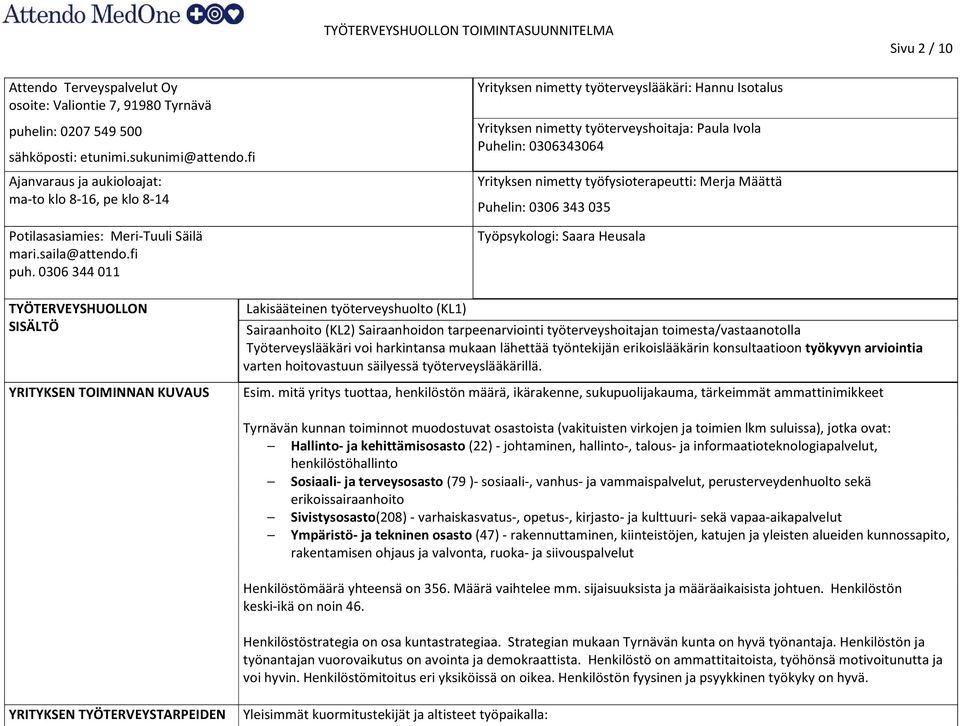 0306 344 011 Yrityksen nimetty työterveyslääkäri: Hannu Isotalus Yrityksen nimetty työterveyshoitaja: Paula Ivola Puhelin: 0306343064 Yrityksen nimetty työfysioterapeutti: Merja Määttä Puhelin: 0306