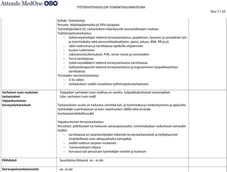 sisältö noudattaa työhönsijoitustarkastusta Varhaisen tuen mukaiset tarkastukset Vajaankuntoisen terveystarkastukset Työpaikan varhaisen tuen mallissa on sovittu työpaikkakohtaiset toimenpiteet