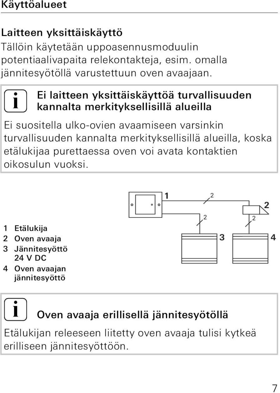 i Ei laitteen yksittäiskäyttöä turvallisuuden kannalta merkityksellisillä alueilla Ei suositella ulko-ovien avaamiseen varsinkin turvallisuuden kannalta