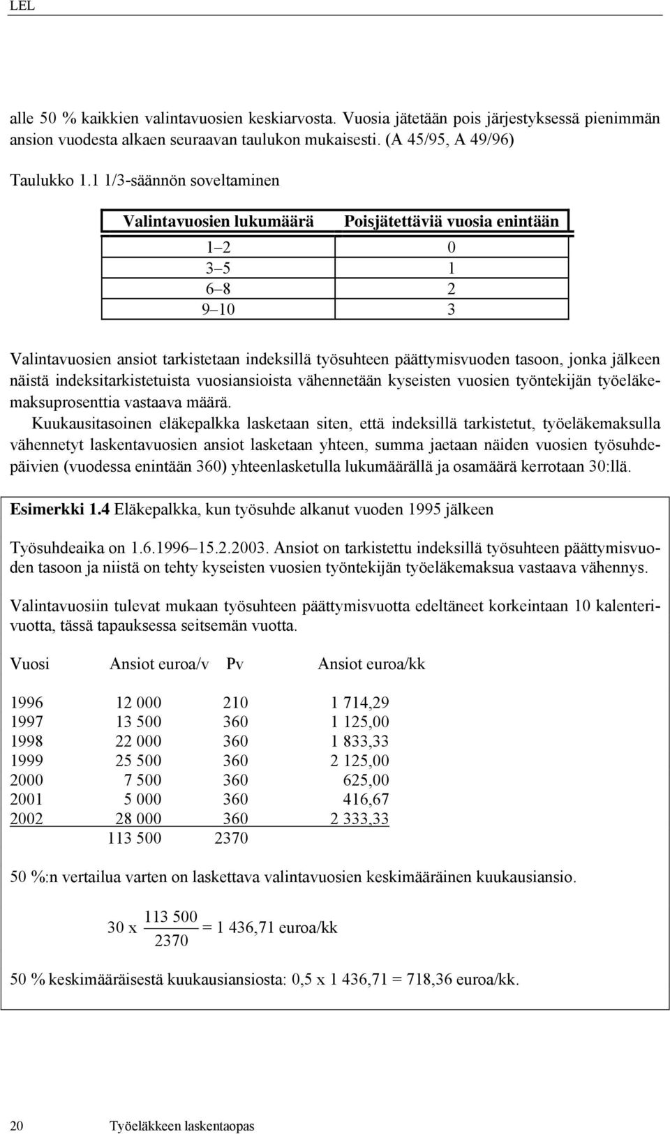 jälkeen näistä indeksitarkistetuista vuosiansioista vähennetään kyseisten vuosien työntekijän työeläkemaksuprosenttia vastaava määrä.