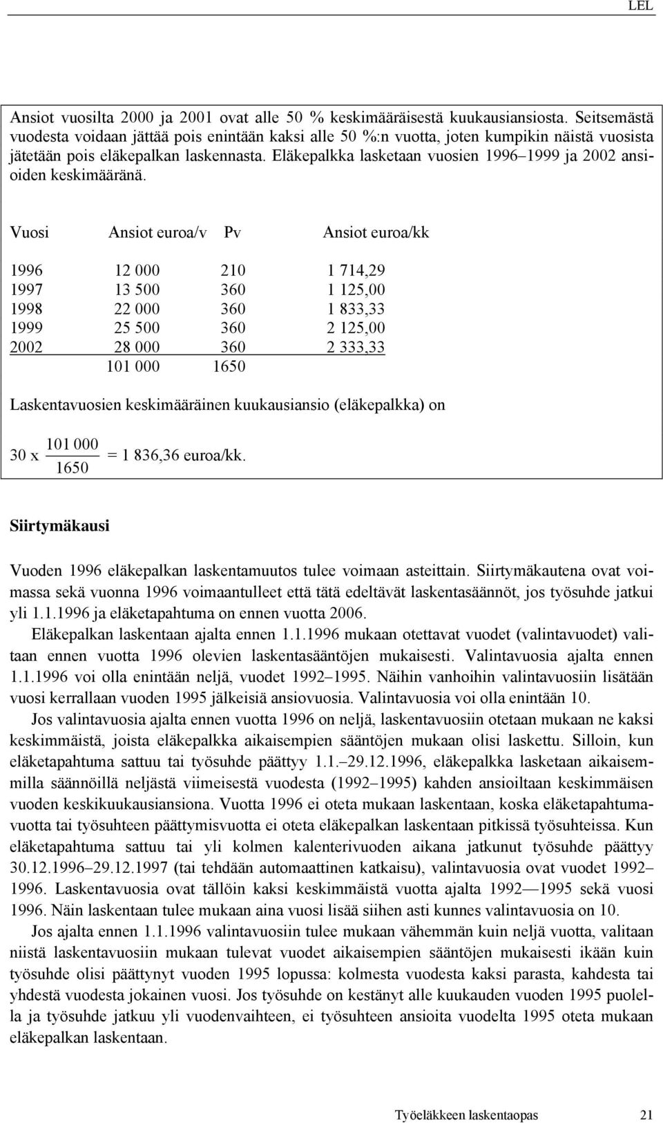 Eläkepalkka lasketaan vuosien 1996 1999 ja 2002 ansioiden keskimääränä.