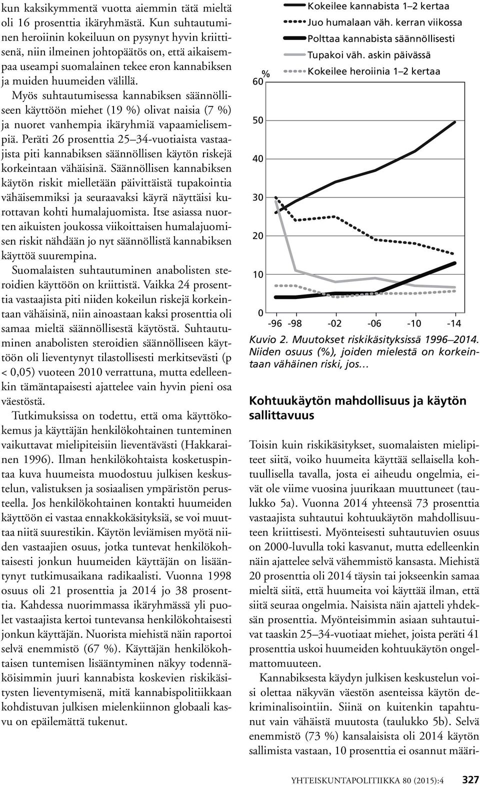 Myös suhtautumisessa kannabiksen säännölliseen käyttöön miehet (19 %) olivat naisia (7 %) ja nuoret vanhempia ikäryhmiä vapaamielisempiä.