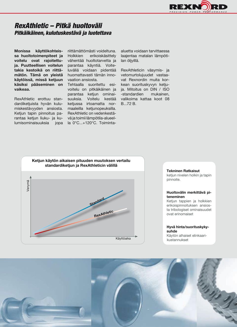 RexAthletic erottuu standardiketjuista hyvän kulumiskestävyyden ansiosta. Ketjun tapin pinnoitus parantaa ketjun liuku- ja kulumisominaisuuksia jopa riittämättömästi voideltuna.