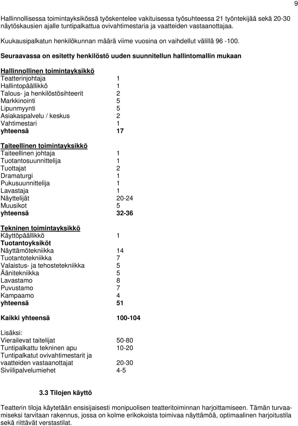 Seuraavassa on esitetty henkilöstö uuden suunnitellun hallintomallin mukaan Hallinnollinen toimintayksikkö Teatterinjohtaja 1 Hallintopäällikkö 1 Talous- ja henkilöstösihteerit 2 Markkinointi 5