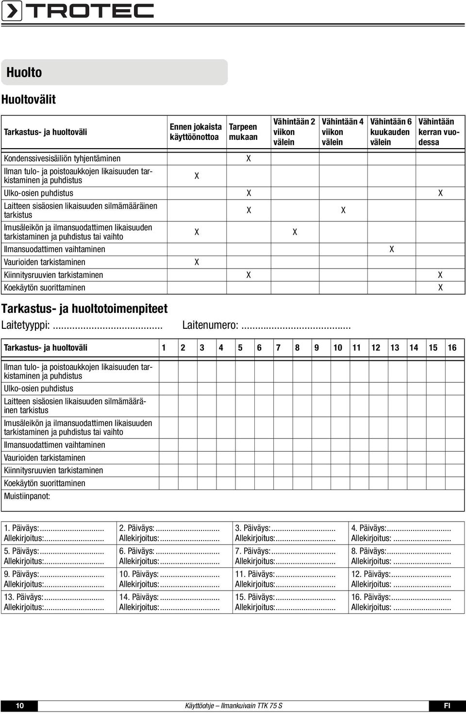 Imusäleikön ja ilmansuodattimen likaisuuden tarkistaminen ja puhdistus tai vaihto X X Ilmansuodattimen vaihtaminen X Vaurioiden tarkistaminen X Kiinnitysruuvien tarkistaminen X X Koekäytön