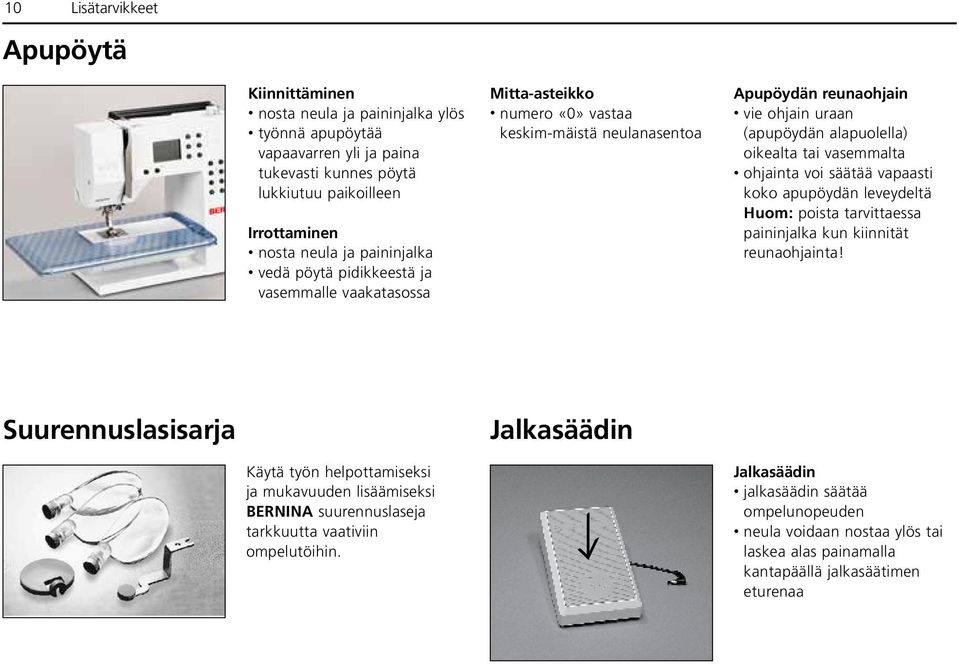 vasemmalta ohjainta voi säätää vapaasti koko apupöydän leveydeltä Huom: poista tarvittaessa paininjalka kun kiinnität reunaohjainta!