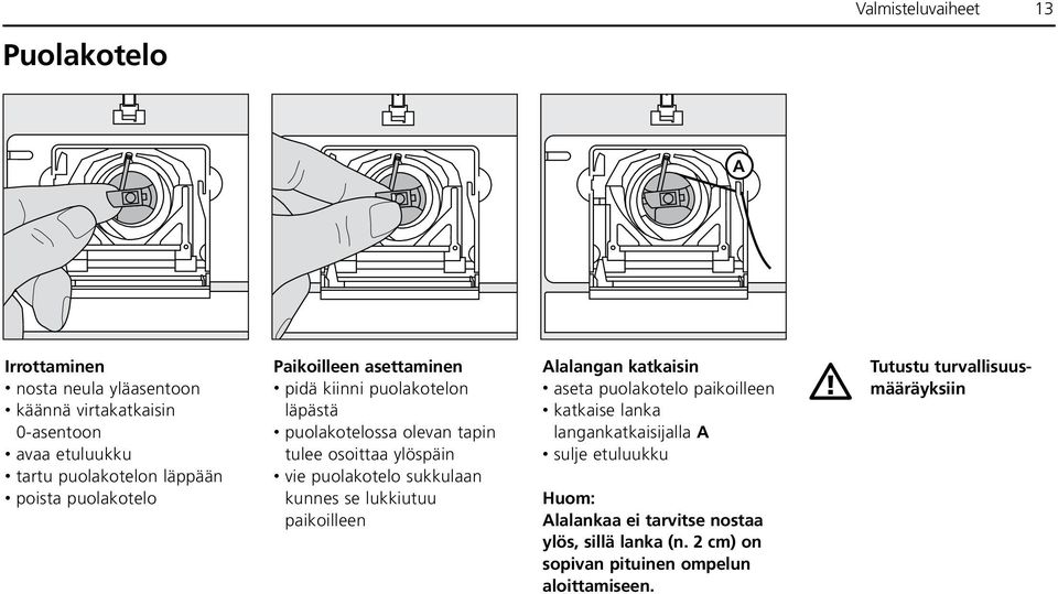 puolakotelo sukkulaan kunnes se lukkiutuu paikoilleen Alalangan katkaisin aseta puolakotelo paikoilleen katkaise lanka langankatkaisijalla A