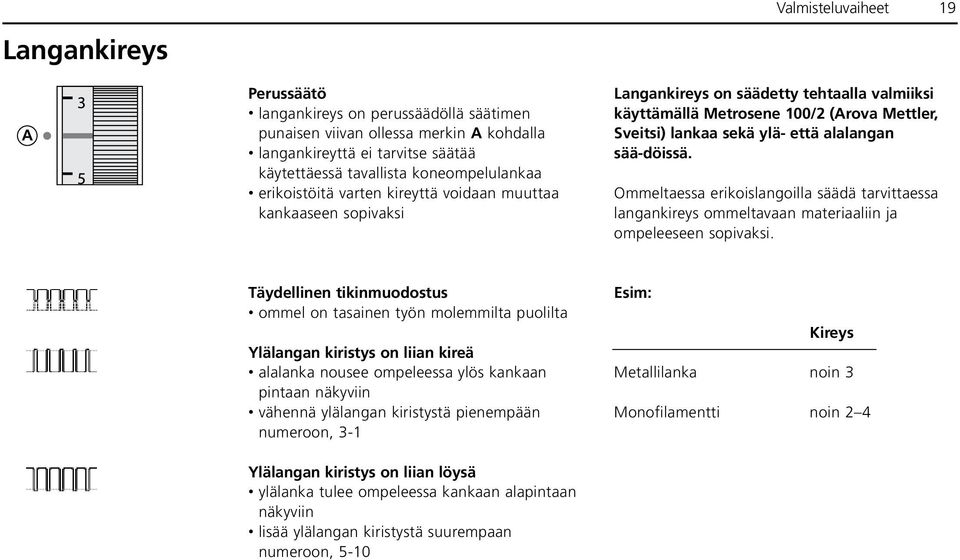 että alalangan sää-döissä. Ommeltaessa erikoislangoilla säädä tarvittaessa langankireys ommeltavaan materiaaliin ja ompeleeseen sopivaksi.