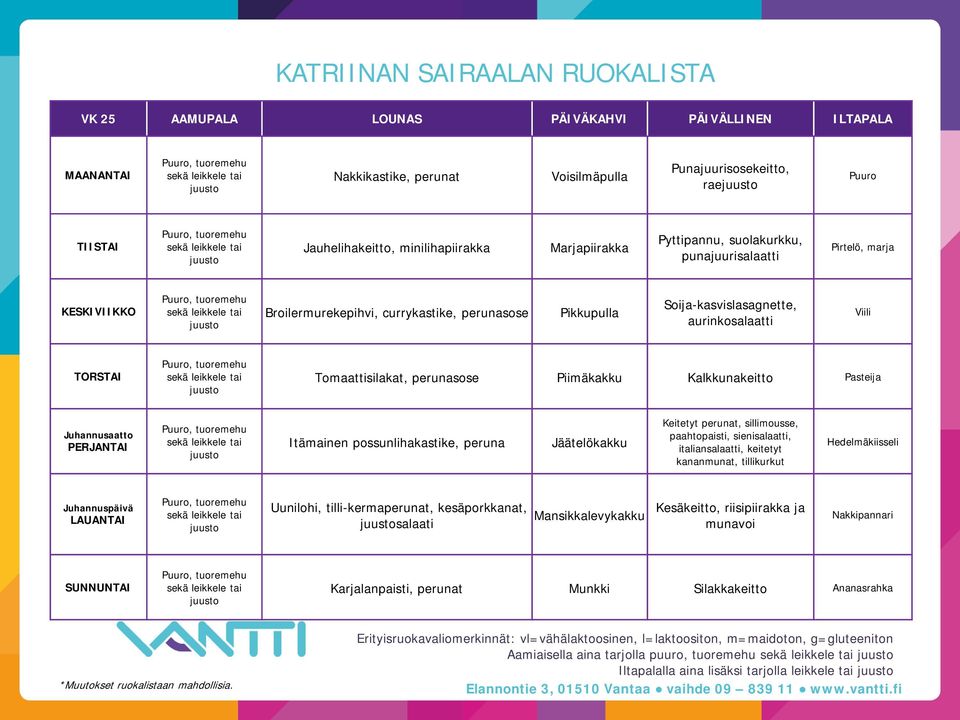 Juhannusaatto Itämainen possunlihakastike, peruna Jäätelökakku Keitetyt perunat, sillimousse, paahtopaisti, sienisalaatti, italiansalaatti, keitetyt kananmunat, tillikurkut Hedelmäkiisseli