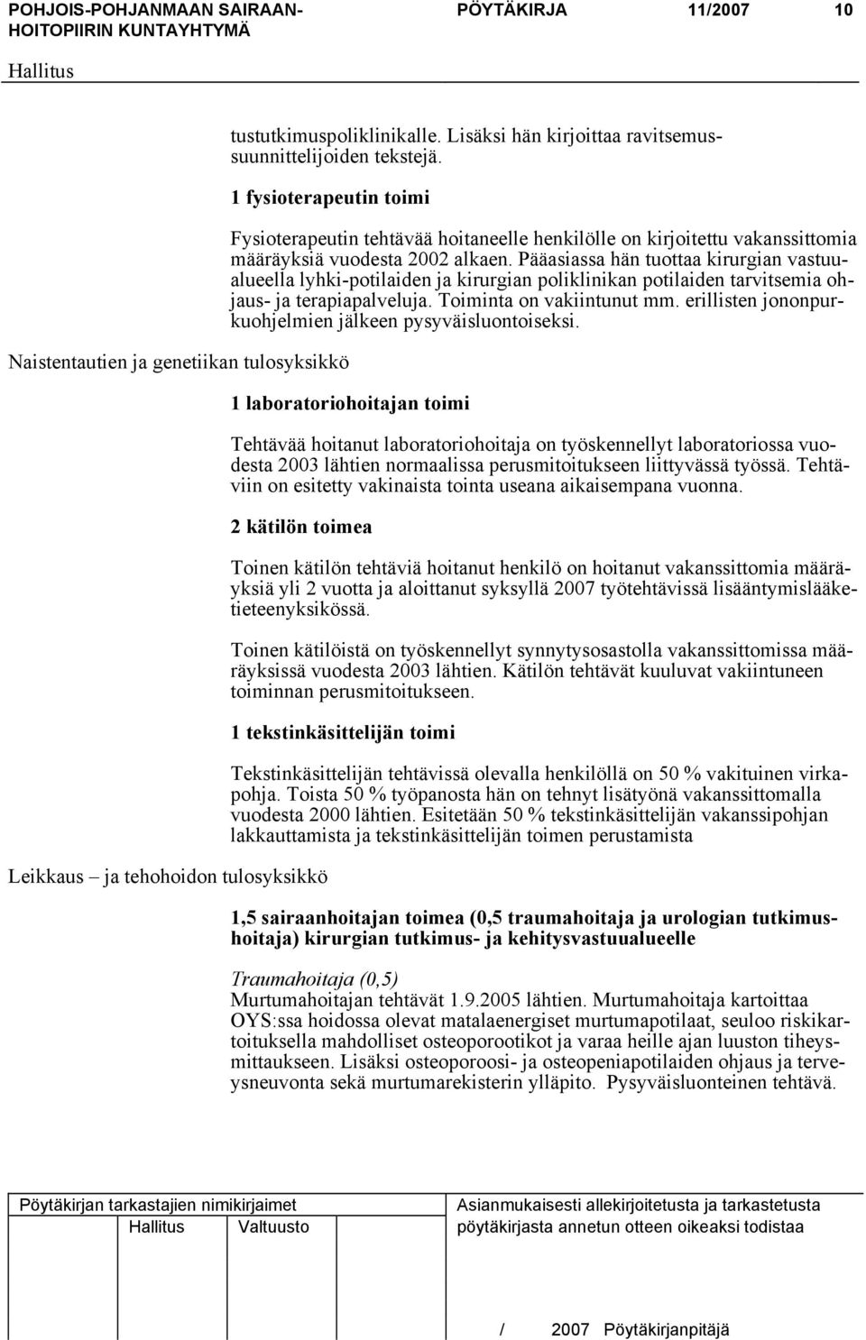 Pääasiassa hän tuottaa kirurgian vastuualueella lyhki-potilaiden ja kirurgian poliklinikan potilaiden tarvitsemia ohjaus- ja terapiapalveluja. Toiminta on vakiintunut mm.