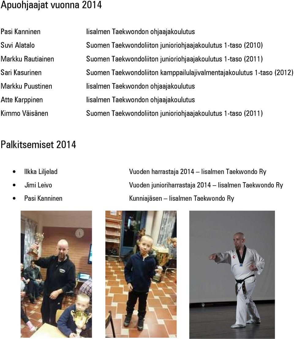 Taekwondon ohjaajakoulutus Atte Karppinen Iisalmen Taekwondon ohjaajakoulutus Kimmo Väisänen Suomen Taekwondoliiton junioriohjaajakoulutus 1-taso (2011) Palkitsemiset