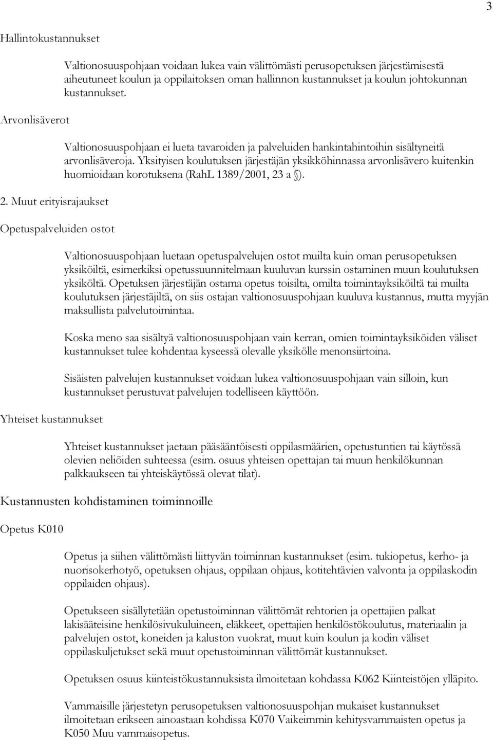 hallinnon kustannukset ja koulun johtokunnan kustannukset. Valtionosuuspohjaan ei lueta tavaroiden ja palveluiden hankintahintoihin sisältyneitä arvonlisäveroja.