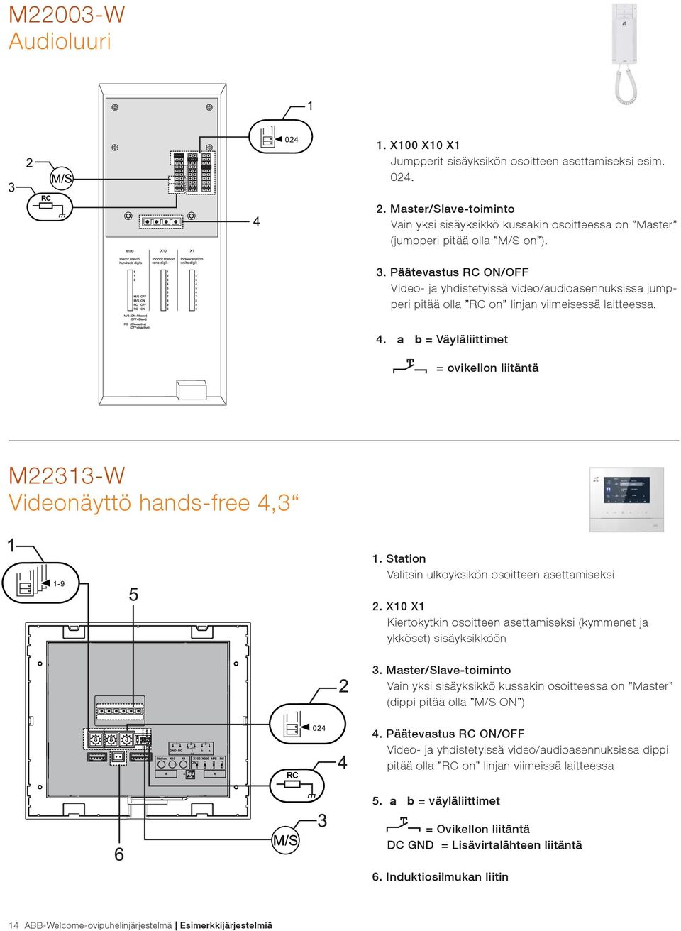 a b = Väyläliittimet = ovikellon liitäntä M22313-W Videonäyttö hands-free 4,3 1. Station Valitsin ulkoyksikön osoitteen asettamiseksi 2.