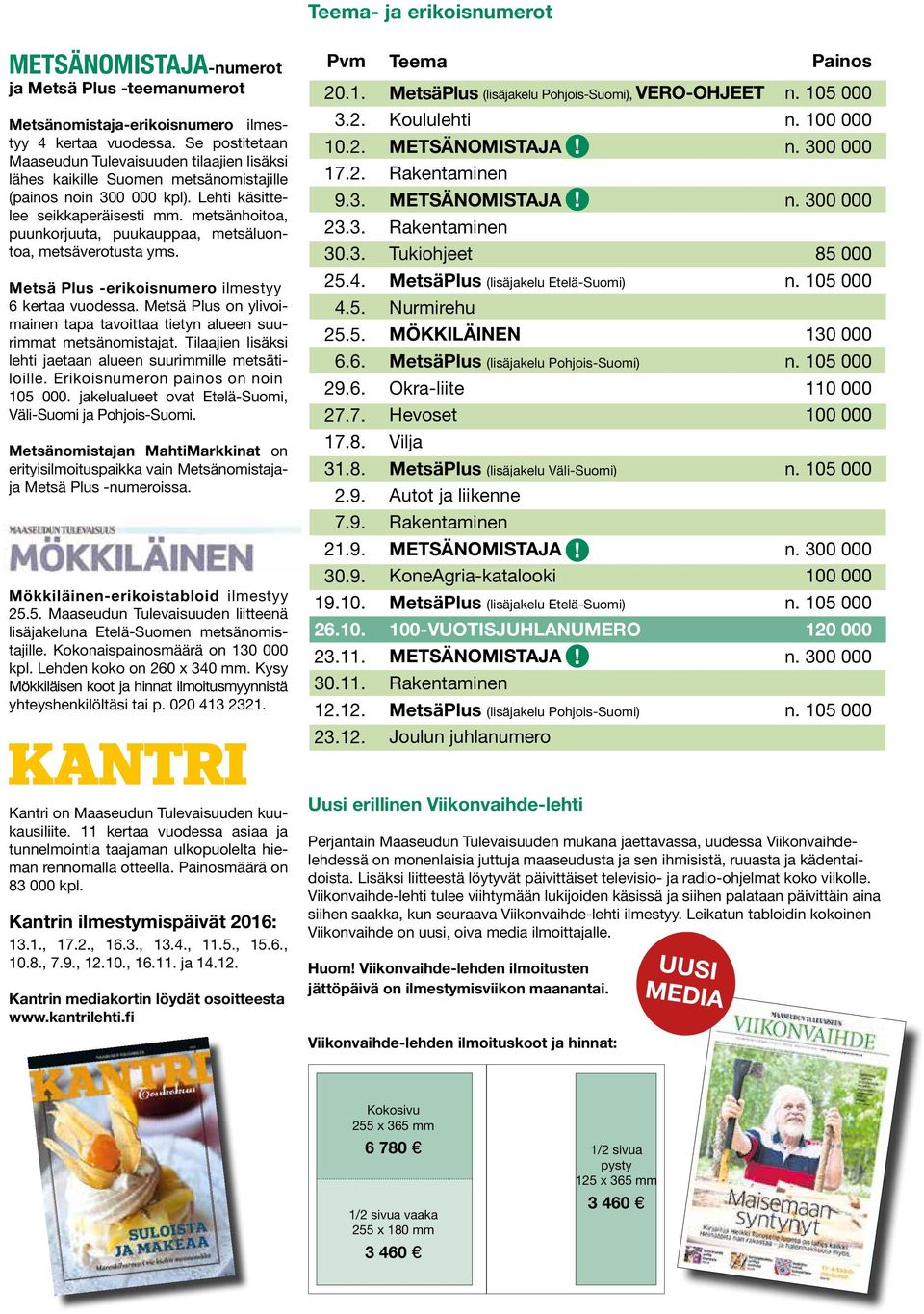 metsänhoitoa, puunkorjuuta, puukauppaa, metsäluontoa, metsäverotusta yms. Metsä Plus -erikoisnumero ilmestyy 6 kertaa vuodessa.